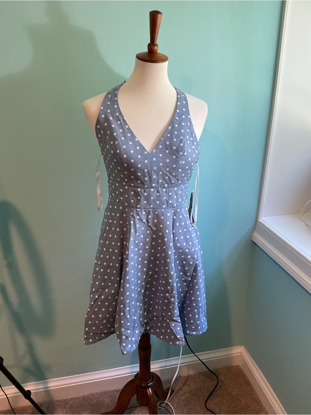 JuniorsCity Studio Blue Polka Dot Halter Fit-and-Flare Dress New with Tag